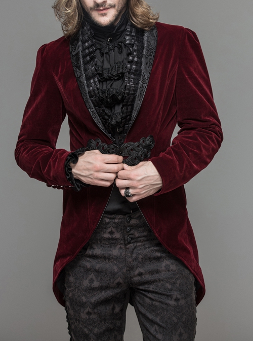 Frill Lace Collar Waist Big Buckle Dovetail Hem Wine Red Gothic Velvet Coat