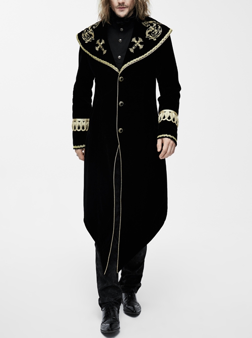 Golden Embroidery Lapel Ribbon Decoration Placket Glass Button Black Gothic Velvet Coat