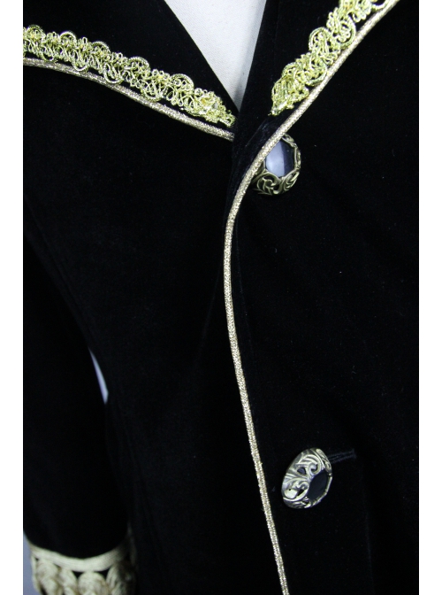 Golden Embroidery Lapel Ribbon Decoration Placket Glass Button Black Gothic Velvet Coat