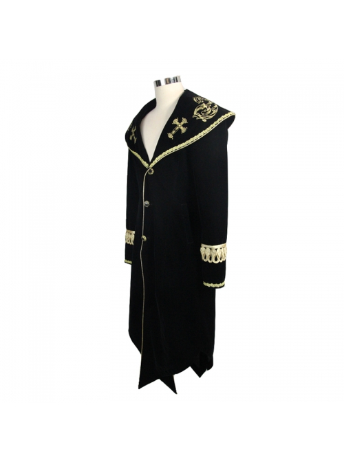 Golden Embroidery Lapel Ribbon Decoration Placket Glass Button Black Gothic Velvet Coat