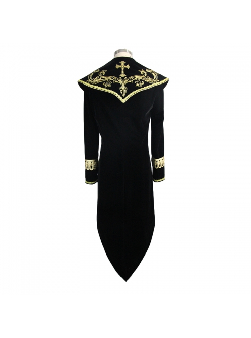 Golden Embroidery Lapel Ribbon Decoration Placket Glass Button Black Gothic Velvet Coat