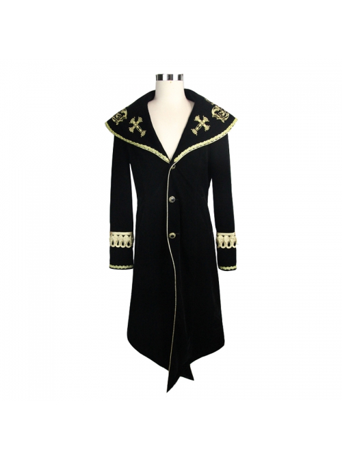 Golden Embroidery Lapel Ribbon Decoration Placket Glass Button Black Gothic Velvet Coat