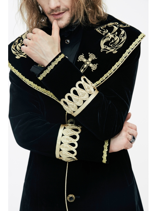 Golden Embroidery Lapel Ribbon Decoration Placket Glass Button Black Gothic Velvet Coat