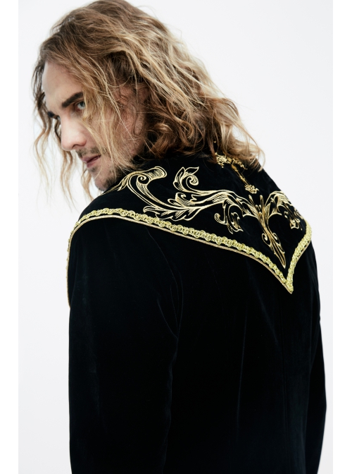 Golden Embroidery Lapel Ribbon Decoration Placket Glass Button Black Gothic Velvet Coat