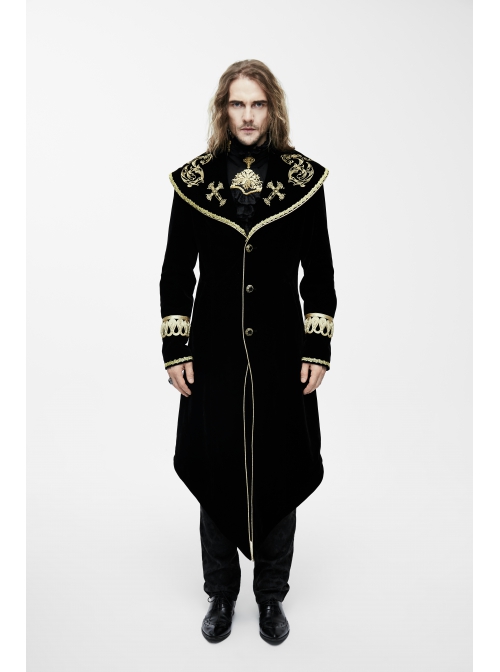 Golden Embroidery Lapel Ribbon Decoration Placket Glass Button Black Gothic Velvet Coat