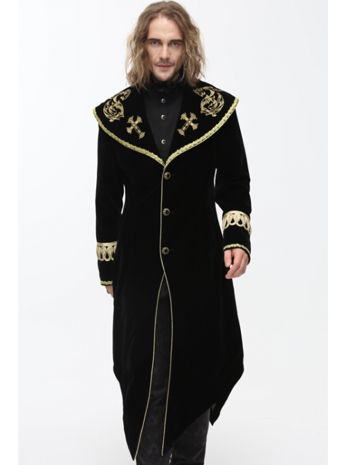 Golden Embroidery Lapel Ribbon Decoration Placket Glass Button Black Gothic Velvet Coat