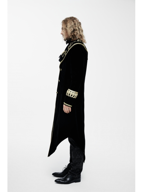 Golden Embroidery Lapel Ribbon Decoration Placket Glass Button Black Gothic Velvet Coat