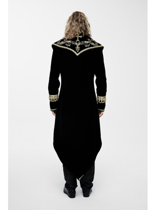 Golden Embroidery Lapel Ribbon Decoration Placket Glass Button Black Gothic Velvet Coat