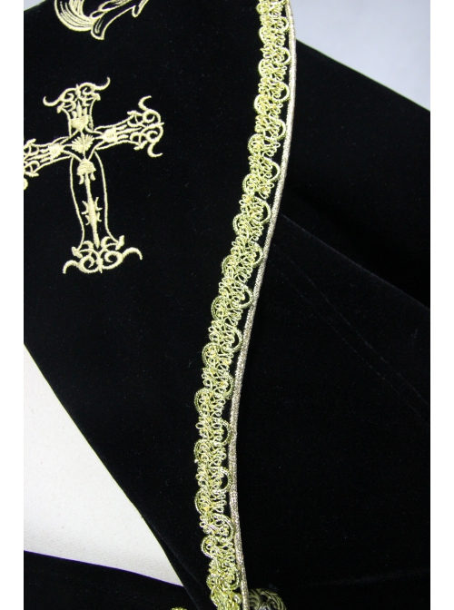 Golden Embroidery Lapel Ribbon Decoration Placket Glass Button Black Gothic Velvet Coat