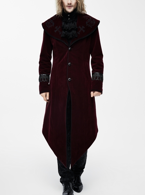Black Embroidery Lapel Ribbon Decoration Placket Glass Button Wine Red Gothic Velvet Coat