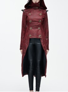Shoulder Pointed Nails Front Double-Breasted Voluminous Skirt Hem Wine Red Gothic Hoodie Suede Coat