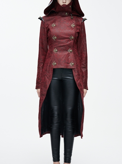 Shoulder Pointed Nails Front Double-Breasted Voluminous Skirt Hem Wine Red Gothic Hoodie Suede Coat