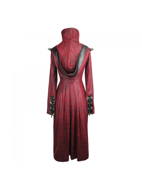 Shoulder Pointed Nails Front Double-Breasted Voluminous Skirt Hem Wine Red Gothic Hoodie Suede Coat