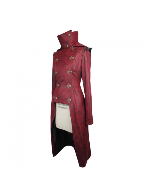 Shoulder Pointed Nails Front Double-Breasted Voluminous Skirt Hem Wine Red Gothic Hoodie Suede Coat