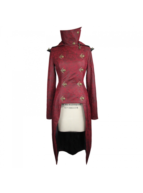 Shoulder Pointed Nails Front Double-Breasted Voluminous Skirt Hem Wine Red Gothic Hoodie Suede Coat