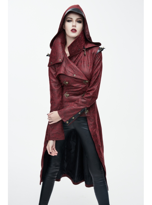 Shoulder Pointed Nails Front Double-Breasted Voluminous Skirt Hem Wine Red Gothic Hoodie Suede Coat