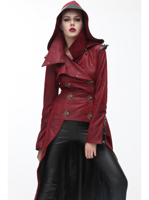 Shoulder Pointed Nails Front Double-Breasted Voluminous Skirt Hem Wine Red Gothic Hoodie Suede Coat
