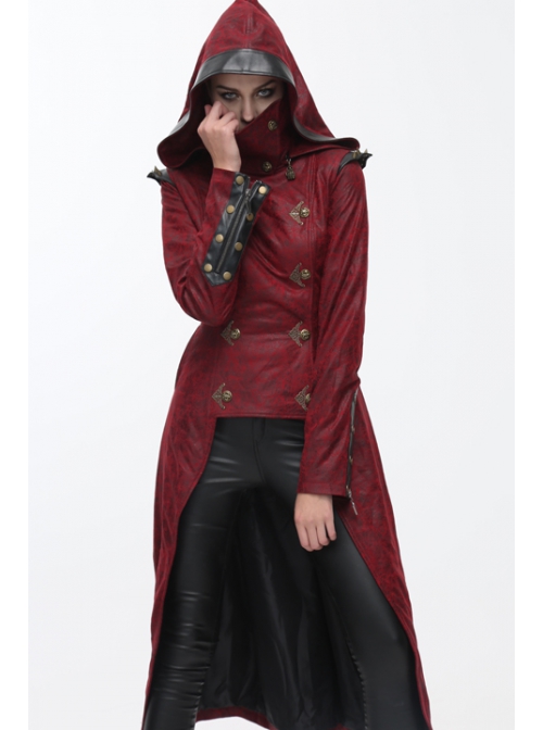 Shoulder Pointed Nails Front Double-Breasted Voluminous Skirt Hem Wine Red Gothic Hoodie Suede Coat