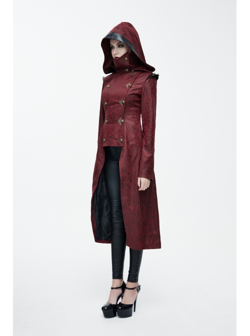 Shoulder Pointed Nails Front Double-Breasted Voluminous Skirt Hem Wine Red Gothic Hoodie Suede Coat