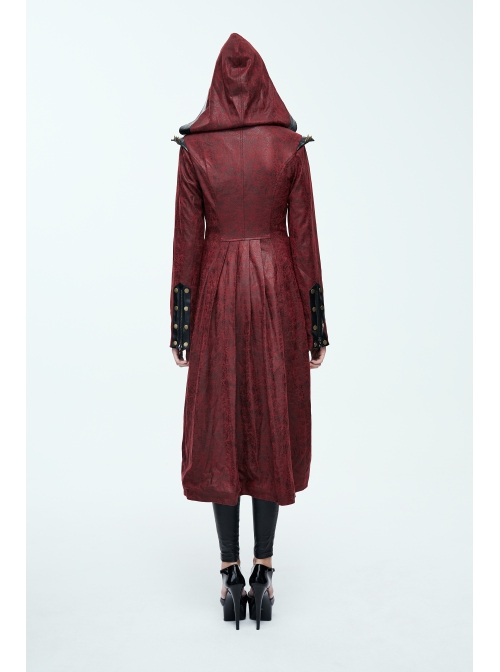 Shoulder Pointed Nails Front Double-Breasted Voluminous Skirt Hem Wine Red Gothic Hoodie Suede Coat