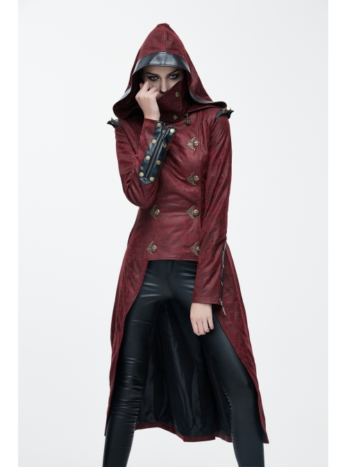 Shoulder Pointed Nails Front Double-Breasted Voluminous Skirt Hem Wine Red Gothic Hoodie Suede Coat
