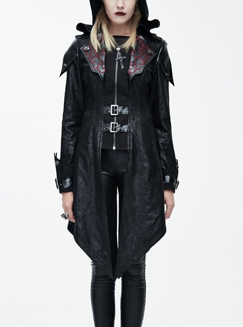 Decals Lapel Waist Metal Buckle Dovetail Hem Black Punk Suede Hoodie Coat