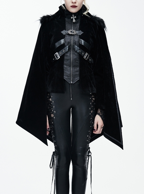 Fake Two-Piece Fur Collar Front Metal Buckle Leather Loop Back Slit Shawl Black Gothic Velvet Coat