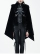 Fake Two-Piece Fur Collar Front Metal Buckle Leather Loop Back Slit Shawl Black Gothic Velvet Coat