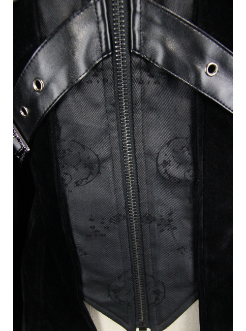 Fake Two-Piece Fur Collar Front Metal Buckle Leather Loop Back Slit Shawl Black Gothic Velvet Coat