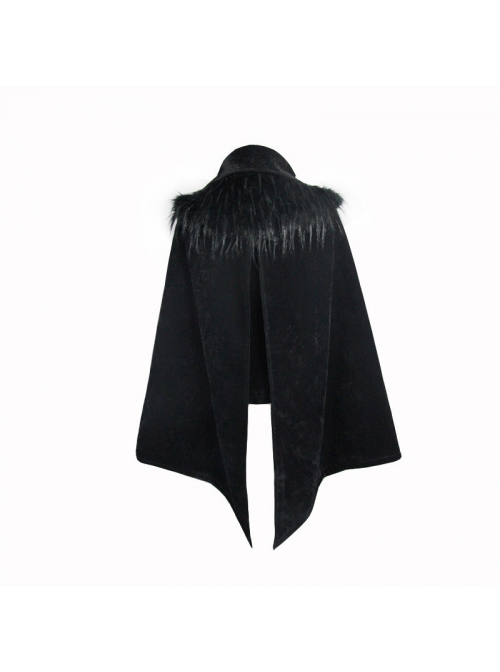 Fake Two-Piece Fur Collar Front Metal Buckle Leather Loop Back Slit Shawl Black Gothic Velvet Coat