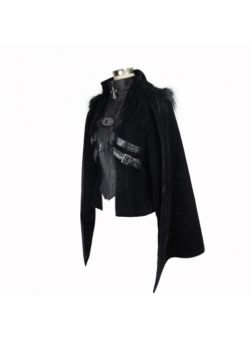 Fake Two-Piece Fur Collar Front Metal Buckle Leather Loop Back Slit Shawl Black Gothic Velvet Coat