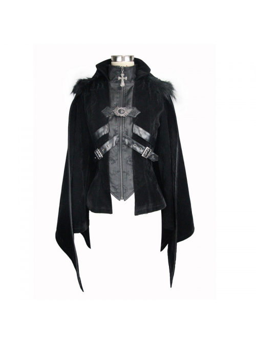 Fake Two-Piece Fur Collar Front Metal Buckle Leather Loop Back Slit Shawl Black Gothic Velvet Coat