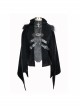 Fake Two-Piece Fur Collar Front Metal Buckle Leather Loop Back Slit Shawl Black Gothic Velvet Coat