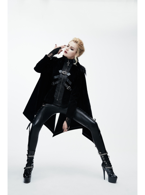 Fake Two-Piece Fur Collar Front Metal Buckle Leather Loop Back Slit Shawl Black Gothic Velvet Coat