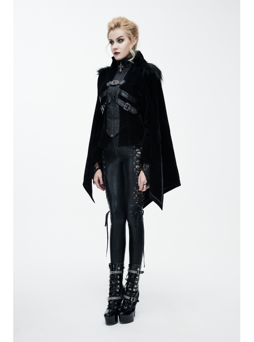 Fake Two-Piece Fur Collar Front Metal Buckle Leather Loop Back Slit Shawl Black Gothic Velvet Coat