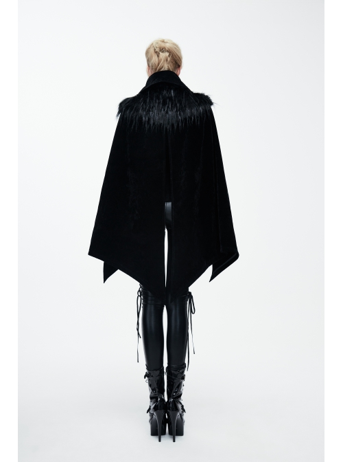 Fake Two-Piece Fur Collar Front Metal Buckle Leather Loop Back Slit Shawl Black Gothic Velvet Coat