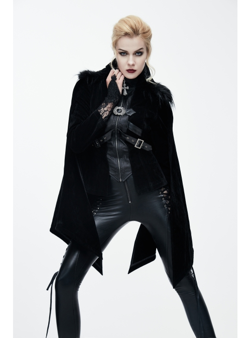 Fake Two-Piece Fur Collar Front Metal Buckle Leather Loop Back Slit Shawl Black Gothic Velvet Coat