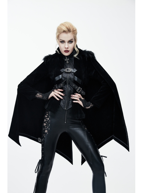 Fake Two-Piece Fur Collar Front Metal Buckle Leather Loop Back Slit Shawl Black Gothic Velvet Coat