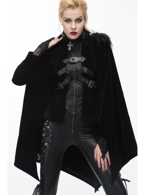 Fake Two-Piece Fur Collar Front Metal Buckle Leather Loop Back Slit Shawl Black Gothic Velvet Coat