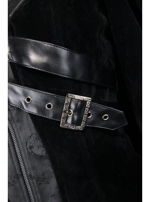 Fake Two-Piece Fur Collar Front Metal Buckle Leather Loop Back Slit Shawl Black Gothic Velvet Coat