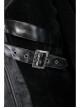 Fake Two-Piece Fur Collar Front Metal Buckle Leather Loop Back Slit Shawl Black Gothic Velvet Coat