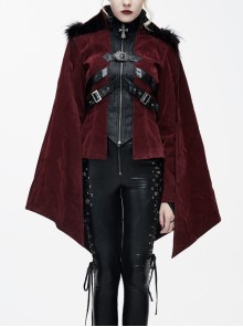 Fake Two-Piece Fur Collar Front Metal Buckle Leather Loop Back Slit Shawl Wine Red Gothic Velvet Coat