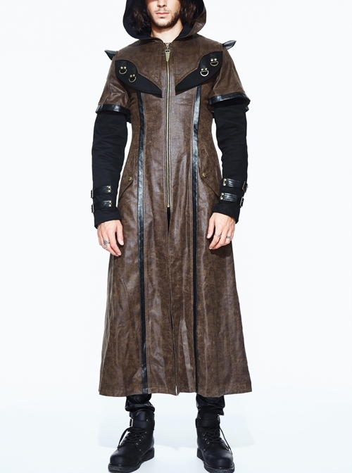 Metal Buckle Leather Loop Decoration Double Sleeve Brown Punk Hoodie Leather Coat