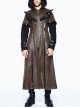 Metal Buckle Leather Loop Decoration Double Sleeve Brown Punk Hoodie Leather Coat