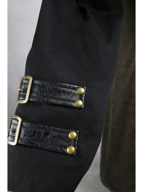 Metal Buckle Leather Loop Decoration Double Sleeve Brown Punk Hoodie Leather Coat