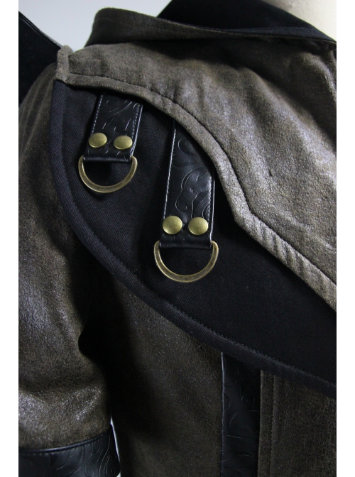 Metal Buckle Leather Loop Decoration Double Sleeve Brown Punk Hoodie Leather Coat