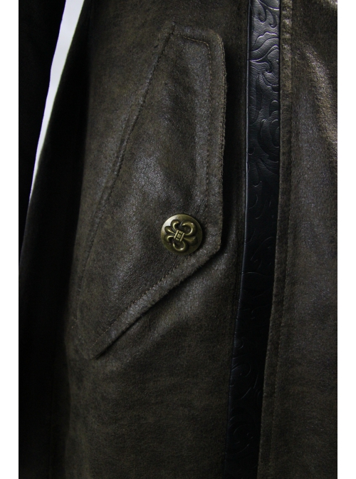 Metal Buckle Leather Loop Decoration Double Sleeve Brown Punk Hoodie Leather Coat