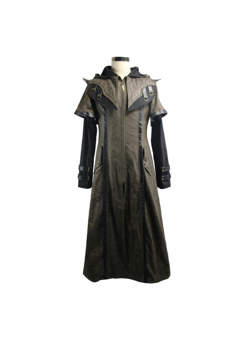 Metal Buckle Leather Loop Decoration Double Sleeve Brown Punk Hoodie Leather Coat