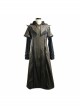 Metal Buckle Leather Loop Decoration Double Sleeve Brown Punk Hoodie Leather Coat