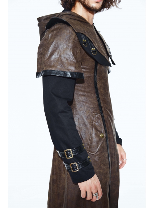 Metal Buckle Leather Loop Decoration Double Sleeve Brown Punk Hoodie Leather Coat